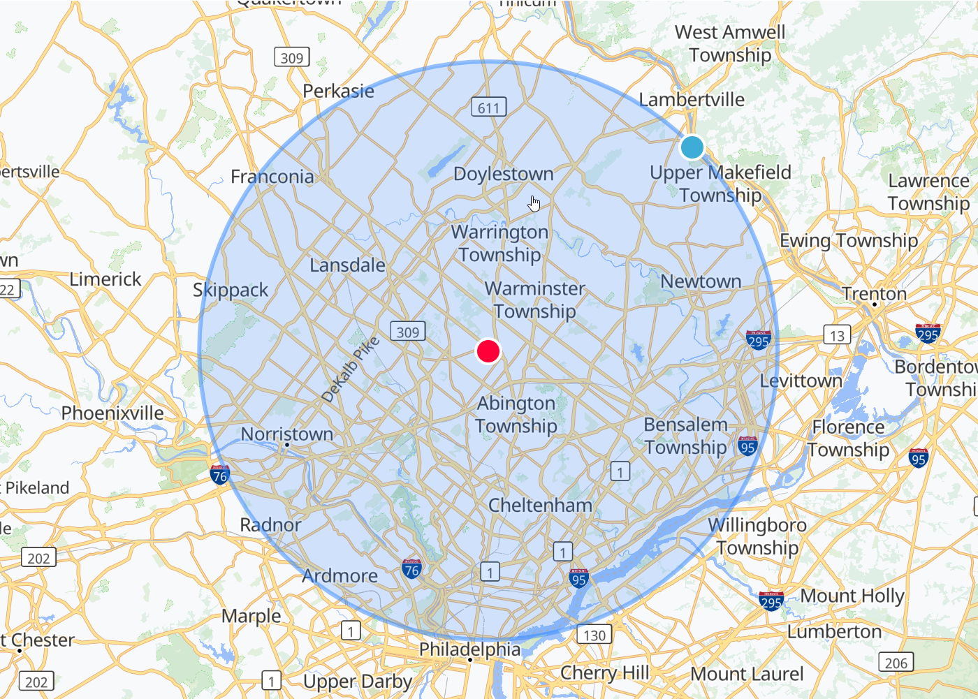 Service area map — 15-mile radius around Horsham, PA